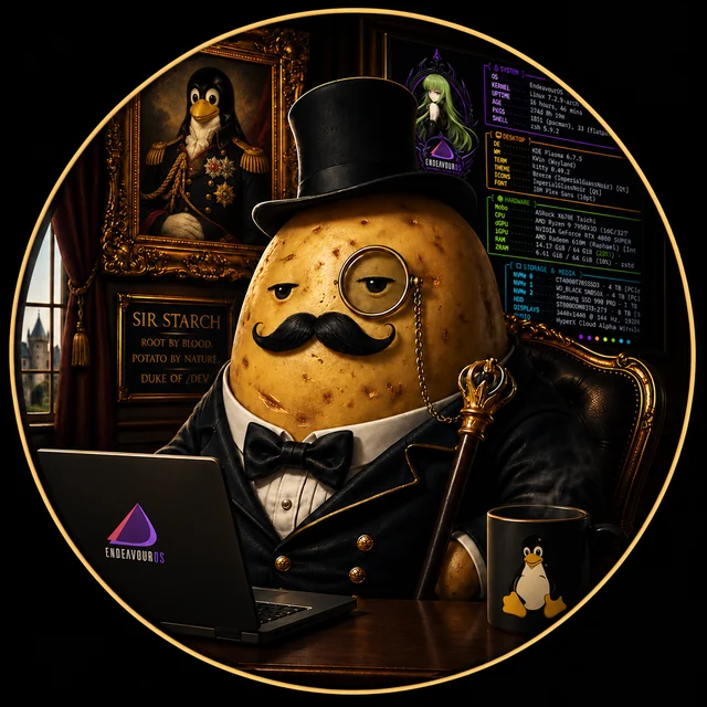Sir Starch: a potato in a top hat and monocle, at a laptop, under a portrait of a penguin dressed as Napoleon